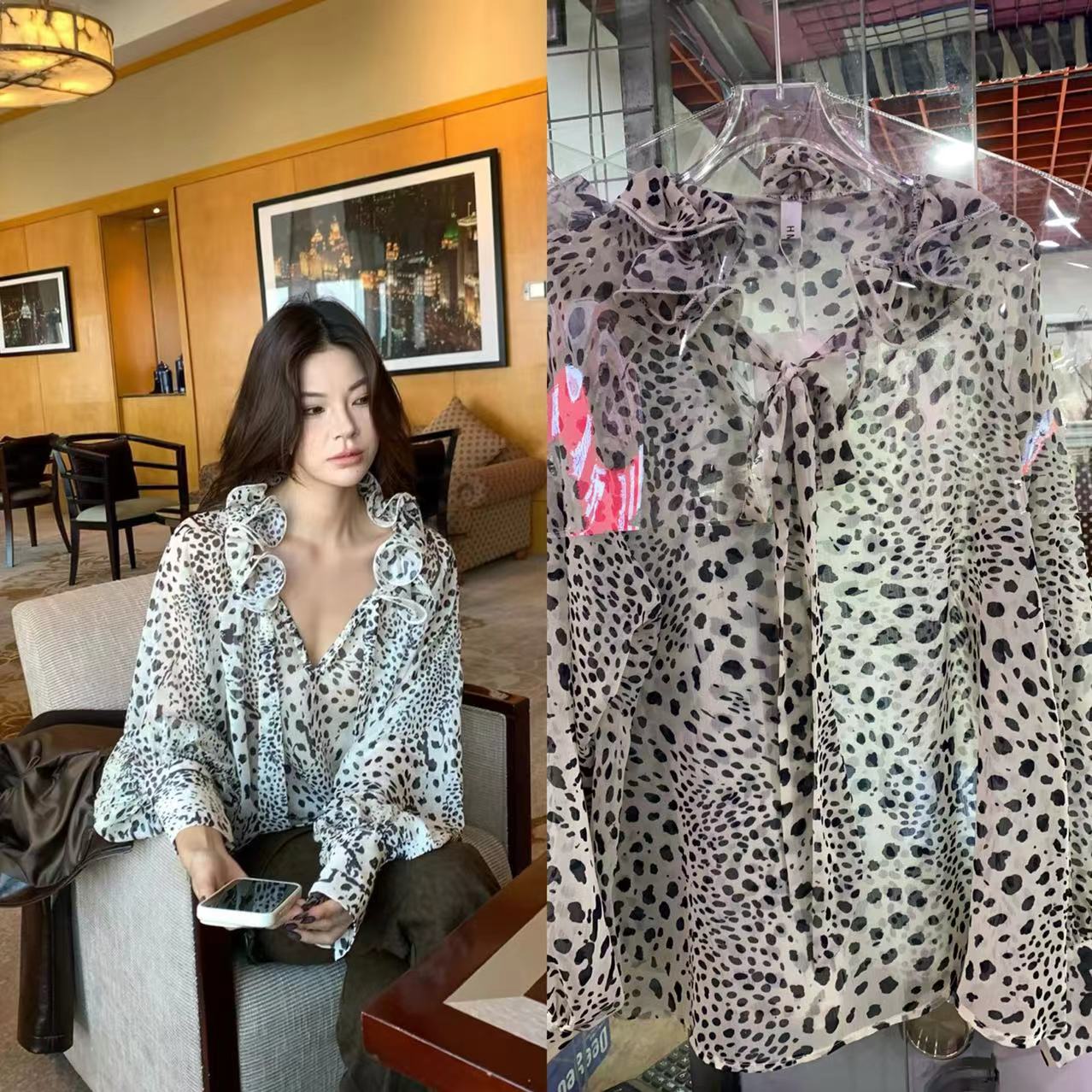 말 mar 프랑스식 레트로 수공 주름 3 차원 프릴 레오파드 무늬 리본 여성 셔츠 새로운 긴팔 셔츠