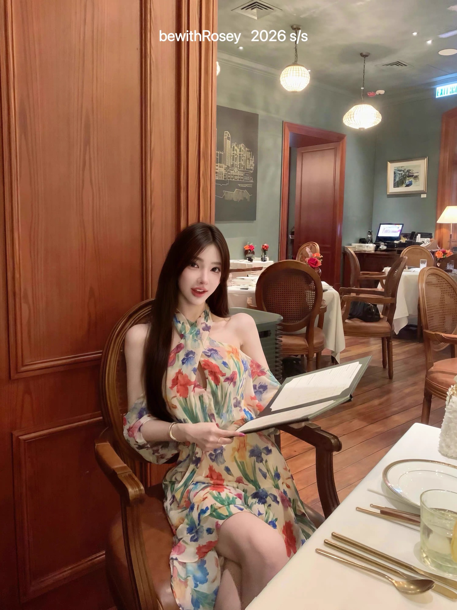 bewithrosey 아이리스 사랑 여름 물 염색 꽃무늬 나비 소매 행침 목 불규칙 치마