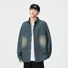 批发黑色做旧牛仔衬衫男款春季新款潮牌休闲翻领高级感痞帅外套