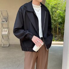 批发美式黑色垫肩外套男高级感休闲行政工装夹克短款翻领飞行员机车服