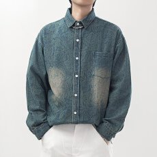 批发美式复古水洗提花重磅牛仔<b class='q'>衬衫</b>男士宽松加肥加大胖子百搭休闲外套