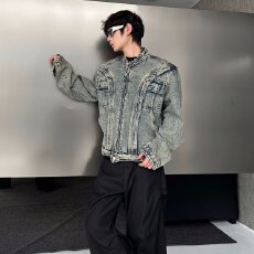 批发重工解构拼接设计垫肩牛仔长袖外套<b class='q'>男</b>廓形拉链立领cleanfit<b class='q'>夹克</b>