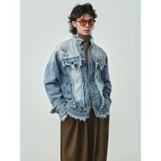 批发高街毛边设计水洗牛仔<b class='q'>夹克</b><b class='q'>男</b>女bf春秋季小众宽松重工破洞立领外套