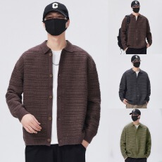 批发春秋季<b class='q'>男生</b>日系复古重磅开衫毛衣男士翻领针织衫外套