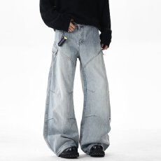批发美式复古高腰阔腿牛仔裤<b class='q'>夏</b>季新款高街设计感宽松垂感拖地直筒裤