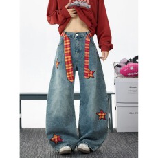 批发大码设计感美式复古卡通贴纸牛仔裤<b class='q'>夏</b>新款宽松工装阔腿拖地裤