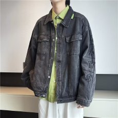 批发美式复古黑色牛仔外套男高街潮牌ins潮流宽松情侣春夏装工装夹克