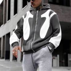 批发跨境美区欧美冬季男士连帽拉链拼接卫衣潮流撞色加绒加厚保暖外套