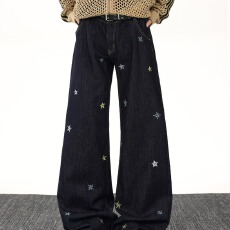 批发2025美式<b class='q'>潮牌</b>趣味刺绣水洗牛仔裤男春秋复古宽松阔腿百搭直筒长裤