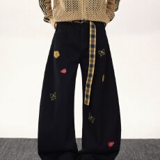 批发2025黑色美式复古卡通刺绣牛仔裤男水洗阔腿情侣直筒拖地长<b class='q'>裤子</b>春