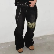 美式复古豹纹拼接弯刀牛仔裤男2025秋冬季宽松阔腿裤垂感拖地长裤