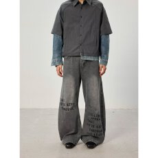 流行原宿百搭潮流气质慵懒时尚字母印花水洗弯刀牛仔裤日系新款