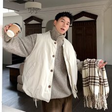 2025美式复古纯色无领马甲外套街头小众机车服夹克背心情侣