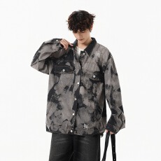 批发美式复古牛仔外套设计感高街扎染工装夹克ins潮牌宽松炸街上衣