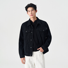 批发秋季黑色植绒时尚提花潮牌<b class='q'>夹克</b>简约百搭高级感牛仔外套