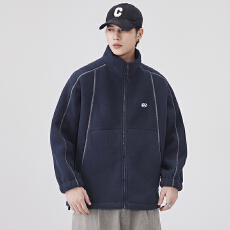 美式明线摇粒绒立领外套男春秋季2025新款羊羔绒宽松工装夹克上衣