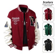 美式重磅毛巾绣花棒球服男女款 毛呢面料中国红本命年夹克