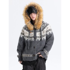 百花绒大毛领费尔岛慵懒风连帽毛衣入秋高智感牛角扣开衫座山雕