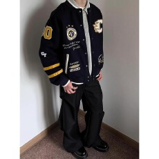 批发加厚夹棉 美式复古贴布刺绣拼接棒球服 M-2XL