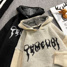 欧美高街风国潮小众印花连帽毛衣卫衣男慵懒风秋冬宽松针织衫