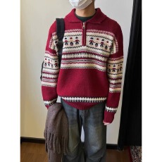 批发民族风复古文艺范针织男女装秋冬新品圆领提花宽松百搭毛衣外套