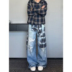 批发高街复古牛仔裤男女夏季韩版ins高腰显瘦直筒阔腿长裤潮