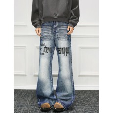 批发美式字母印花牛仔裤男秋季复古水洗做旧微喇长裤高街百搭宽松裤子