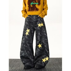 批发百搭简约新款时尚文艺流行气质ins潮流弯刀迷彩牛仔裤日系原宿