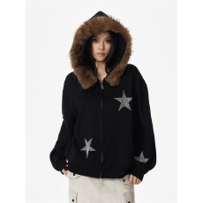 批发美式复古辣妹星星贴布绣毛领连帽卫衣女生2025<b class='q'>秋</b>季设计感开衫外套