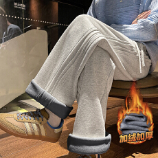 批发2025年<b class='q'>春</b>秋加绒潮牌宽松直筒牛仔裤阔腿针织三条杠条纹直筒拖地裤