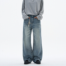 批发美式复古水洗猫须直筒牛仔裤男女款宽松cleanfit休闲阔腿拖地裤子