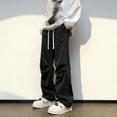 批发满天星重磅卫裤男秋季潮牌ins韩版宽松阔腿裤褶皱百搭运动休闲裤
