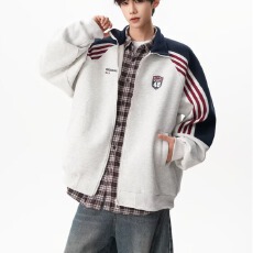 批发美式复古三条杠撞色立领休闲夹克外套女春秋设计感拉链卫衣开衫潮