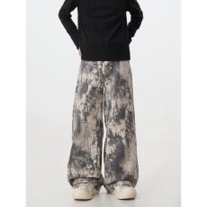 批发美式小众彩印泼墨油画调色阔腿牛仔裤休闲裤男涂鸦宽松弯刀直筒裤