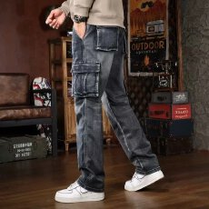 批发秋季弹力工装牛仔裤男潮牌多口袋直筒修身美式复古大码胖子长裤子