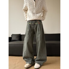 批发米白色高腰阔腿裤男女新款卡其色直筒裤宽松垂感显瘦工装裤