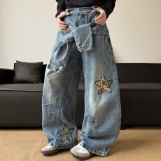 批发高街复古阔腿牛仔裤男宽松直筒裤2025新款痞帅五角星贴皮拼接长裤