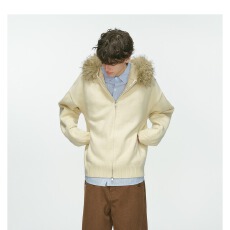 2026春秋新款韩版宽松潮牌连帽毛领针织毛衣外套毛领可拆