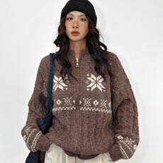 美式复古菱格提花开衫毛衣男女高级感羊毛混纺针织拉链外套