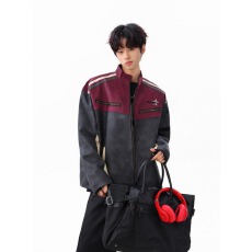 美式复古拼接机车服男高级感pu皮皮衣外套秋季痞帅立领夹克上衣潮