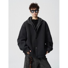 美式假两件加厚卫衣外套男潮牌秋冬宽松休闲格纹拼接连帽夹克开衫