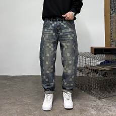 批发新款拼接设计格子提花牛仔裤男士高街宽松休闲百搭长裤