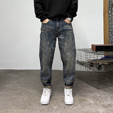 批发2026高街重磅拼接设计感男士牛仔裤潮牌复古水洗锥形百搭长裤