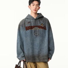 批发2026春<b class='q'>秋</b>美式复古刺绣牛仔连帽卫衣男水洗重工大码街头潮帽衫宽松