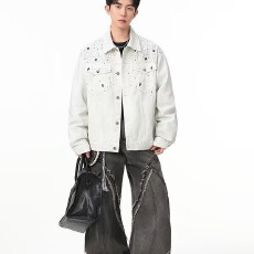 批发潮牌脏染修身合身牛仔外套男女同款烫钻满天星重工休闲工装夹克