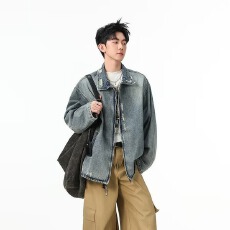 批发2026牛仔外套男女春季2026宽松美式高街复古翻领夹克拉链上衣潮流