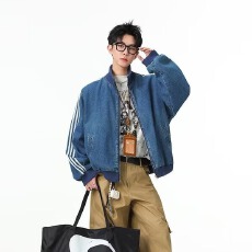 批发美式复古休闲三条杠加厚宽松水洗做旧炸街牛仔外套上衣男