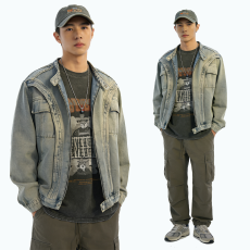 批发小众设计感解构短款牛仔外套男款春秋高级感cleanfit短款垫肩夹克