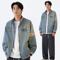 批发春秋美式字母刺绣牛仔外套男女潮流百搭宽松情侣帅气复古立领夹克