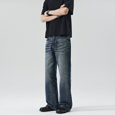 批发春夏复古怀旧蓝水洗猫须微喇版型牛仔裤男潮百搭通勤蜂窝猫须